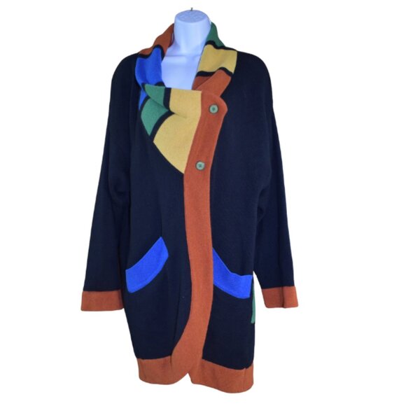 VTG CRISCA by Escada Fish Print Color Block Wool Cardigan Sweater Sz Large Rare - Picture 1 of 16